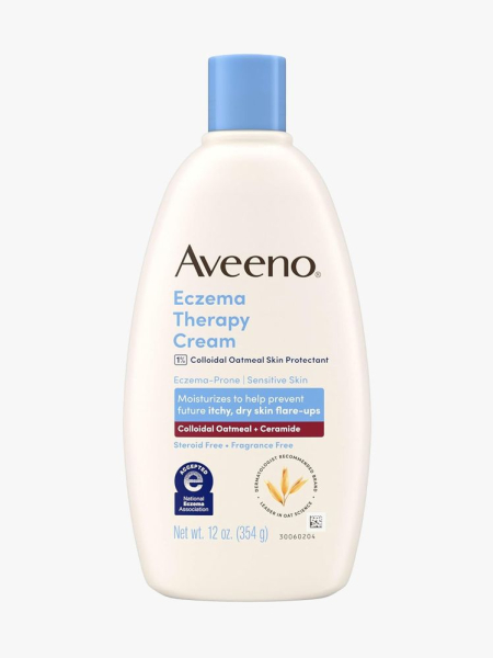 Aveeno Eczema Therapy Daily Moisturizing Cream in branded component on a light gray background